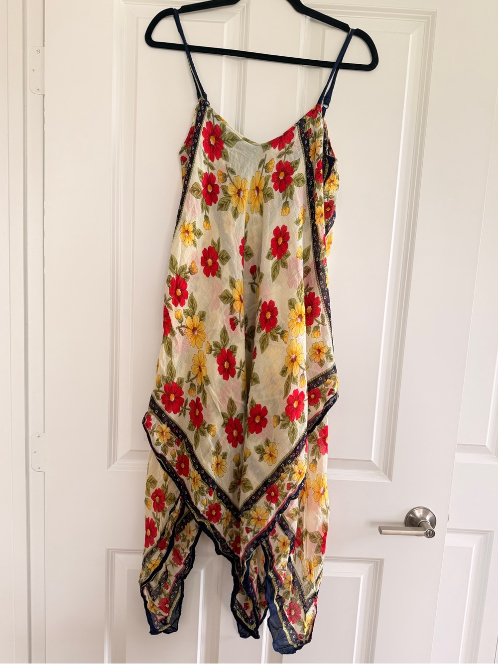 Floral Spaghetti-Strap Handkerchief Dress in Red & Yellow